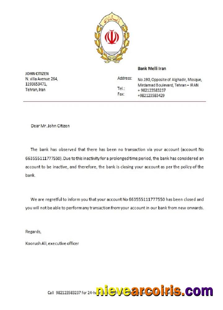 Iran Melli bank closure reference